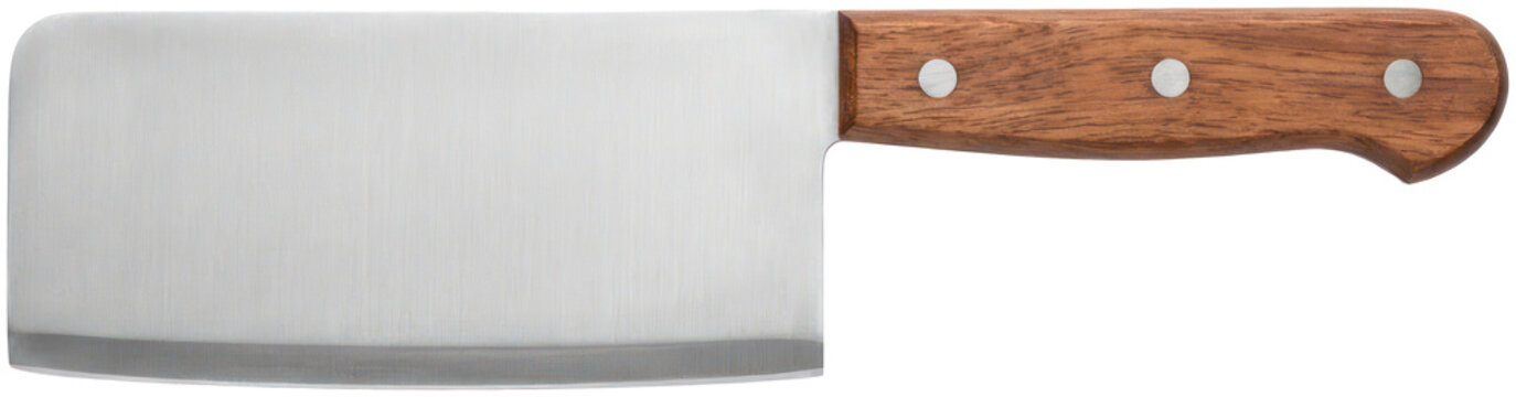 Kitchen meat cleaver with polished wooden handle.