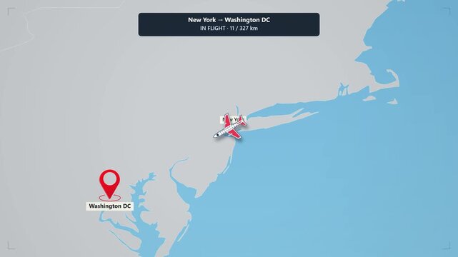 Animated flight route map from new york to washington dc with airplane tracking and city markers travel