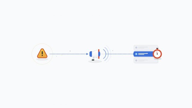 Warning alert broadcasting through a megaphone towards digital data servers in flat design animation