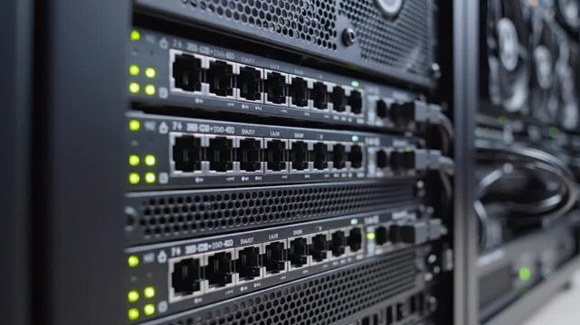 Close-up of network servers and Ethernet switches with blinking status lights inside a modern data center, representing connectivity, cloud computing and IT infrastructure.