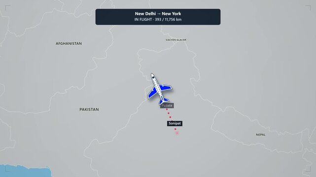 Animated flight route map from new delhi to new york tracking airplane journey across globe with distance