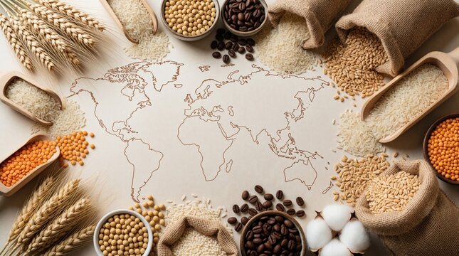 Assorted raw food crops like rice, beans, wheat, coffee beans, lentils are arranged around world map. This global spread highlights agriculture trade, food supply chains, raw materials for industry.