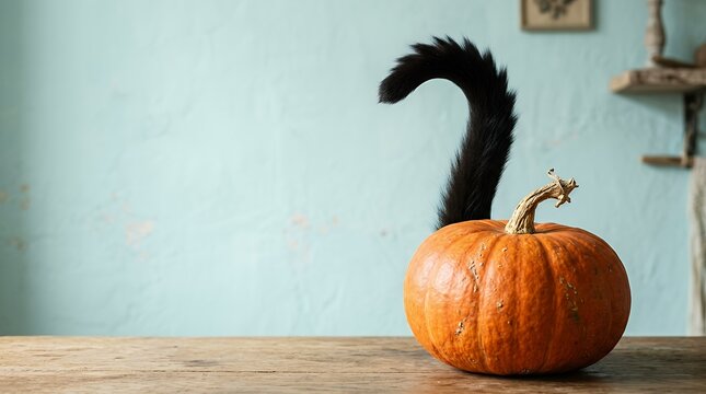 黒猫のしっぽが生えたハロウィンかぼちゃ