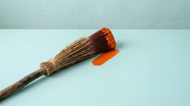 オレンジ色の塗料が付いた魔女のほうき