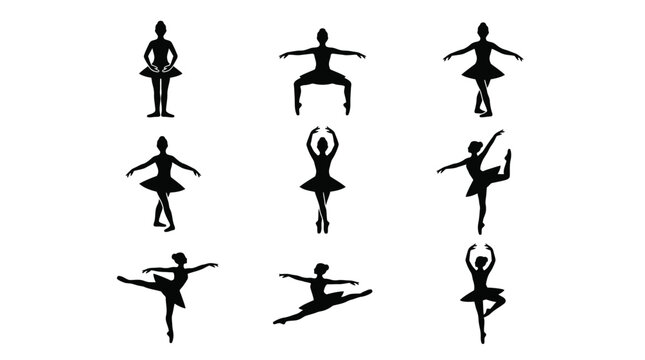 Silhouette of multiple ballet dancers posing.