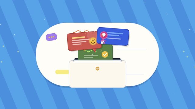 Colorful 2D Animated UI Interface With Cards Emerging From Envelope