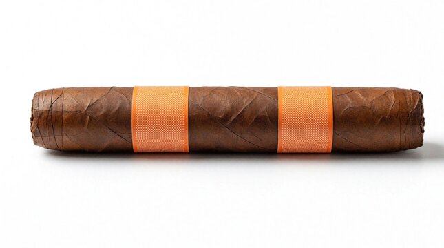 Isolated brown cigar with orange band. Handcrafted tobacco product for smoking pleasure. Rich aroma and flavor for connoisseurs. Nicotine indulgence for adults.