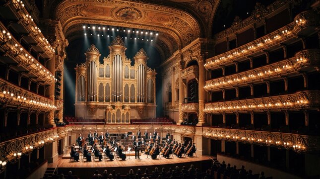 Orchestra prepares for concert in opulent hall before audience. Grand stage features large pipe organ with musicians ready to play. Multi level balconies surround performance space filled with warm