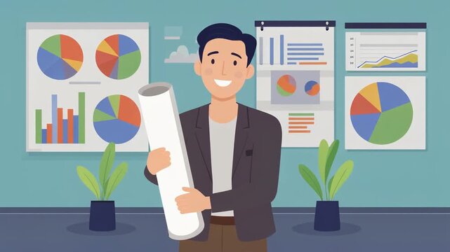 Professional business consultant holding a report in a modern office, surrounded by colorful charts and financial graphs, representing analysis, strategy, planning, and corporate growth.

