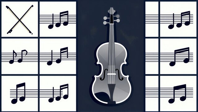 Violin surrounded by musical notes and symbols on a dark background.