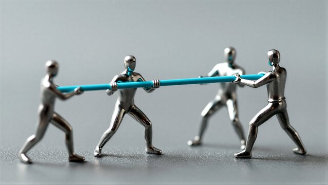 Four metallic figures pull a blue stick, symbolizing teamwork and effort.