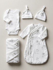 Fototapeta premium Set of white newborn baby clothes with cute animal prints. Collection includes cotton bodysuit, sleep sack, swaddle blanket, two hats. Minimalist infant apparel flat lay on plain background for