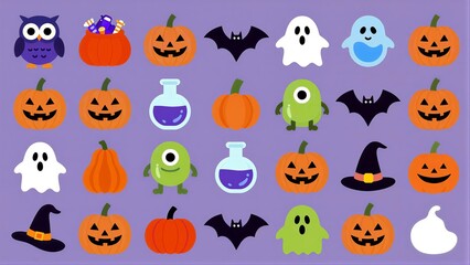 Obraz premium Halloween-themed cartoon icons: pumpkins, ghosts, bats, owls, potions and more.