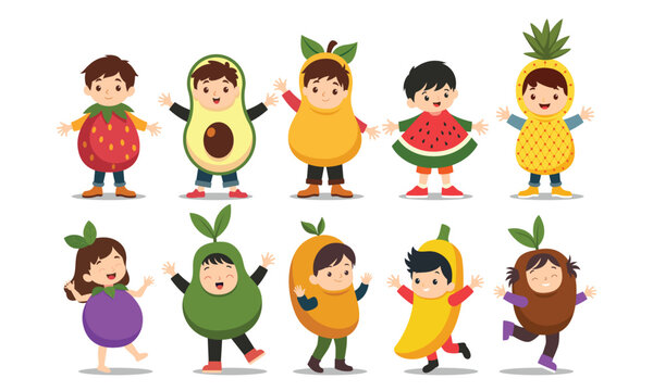 Kids with fruits vegetable costume vector graphic illustration set
