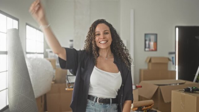 Woman raises hand amid stacked moving boxes and rolled rug in building, smiling while unpacking and gesturing with her arm; moving day joy.