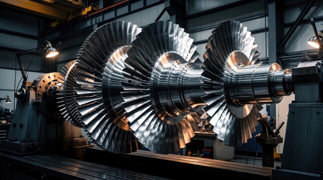 Large steam turbine rotor spins on balancing machine for precision calibration in industrial workshop. Heavy machinery component gets tested for smooth operation. Precision engineering at its finest.