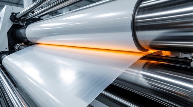 Closeup of industrial high speed laminator machine. Metal pressure rollers fuse plastic film with paper roll in manufacturing plant. Automated production line processes wide web material for large