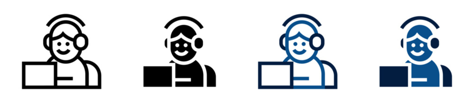  Iconos de atenci&oacute;n al cliente. Agente con aud&iacute;fonos en escritorio. Soporte t&eacute;cnico y servicio telef&oacute;nico. Ilustraci&oacute;n vectorial