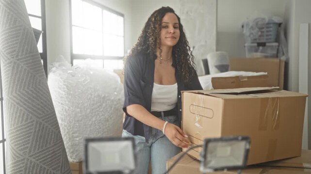 Woman with curly hair stands arms crossed beside stacked moving boxes and rolled rug inside a building apartment unit; confidence.