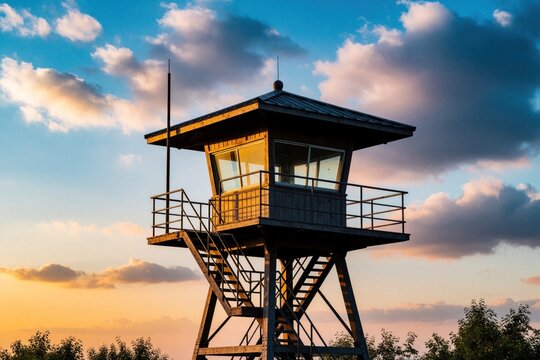Wood watchtower against a sunset sky with clouds. Orange and blue colors paint the horizon. Trees are visible below the structure. This tower offers a scenic overlook.
