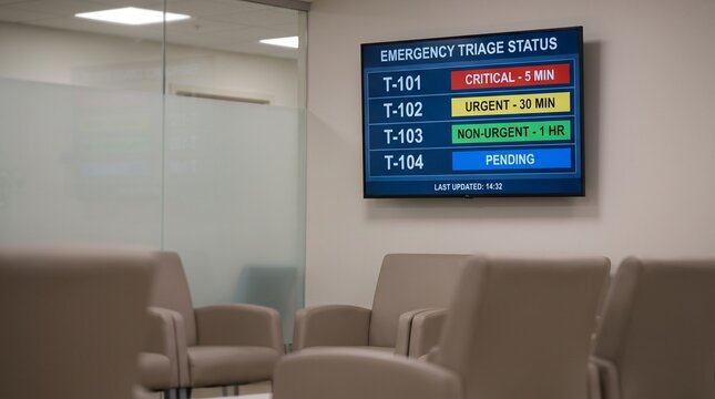 Digital display screen shows emergency room triage status with patient wait times in a modern waiting area