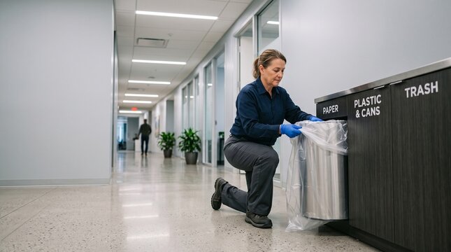 Janitor wearing gloves places a new liner in a recycling bin in a modern office hallway