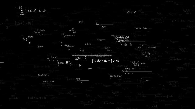 Seamlessly Looping Animation of Moving White Mathematical Symbols, Physics Theories, and Complex Educational Equations Flying Through Dark Black Space Background for Scientific Video Projects