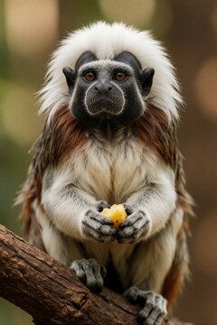 Cotton top tamarin monkey sits on branch holding fruit. Small primate with white crest eats food. Wild mammal looks forward, natural habitat background, close-up portrait.
