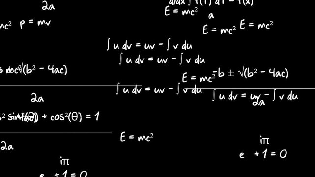 Abstract Motion Graphics Video of White Scientific Formulas, Complex Calculus Integrals, and Geometry Physics Equations Flowing Continuously Across Dark Black Background Background Space