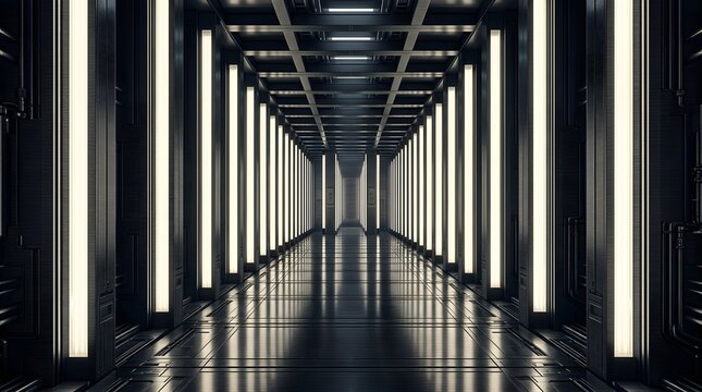 Symmetrical corridor with vertical illuminated light panels and reflective floor modern hallway vertical lights modern architecture