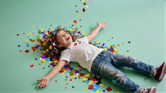 Child laughs joyfully amidst colorful confetti on a mint green background.