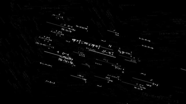 High Tech Academic Motion Graphic Overlay Showing White Mathematical Formulas, Quantum Physics Equations, and Trigonometry Diagrams Floating Dynamically on Pitch Black Background Frame