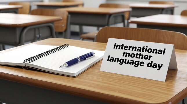 International Mother Language Day card sits on wooden school desk next to open notebook, blue pen. Empty classroom background with rows of student tables. Concept for linguistics, education, culture,