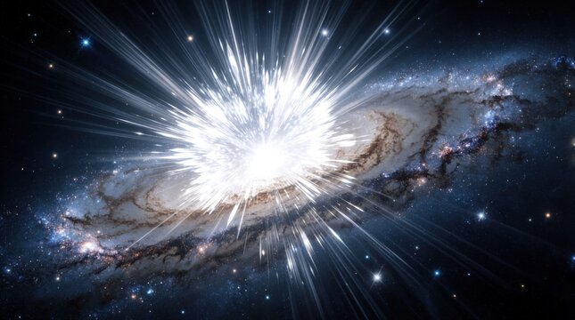 Massive supernova explosion erupts in spiral galaxy center. Brilliant white light radiates energy outward into deep space. Stars and cosmic dust swirl in distant universe. Powerful celestial event.
