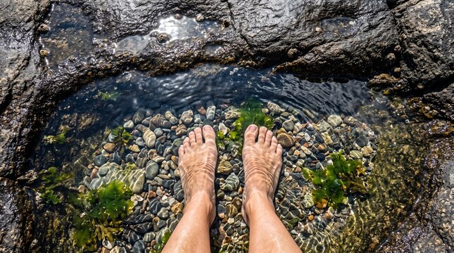 Person's bare feet submerged in a shallow rock pool with clear water and pebbles on a sunny summer day