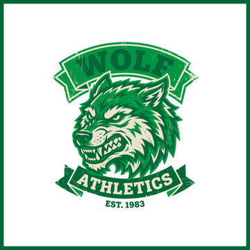 Wolf Athletics Est 1983 Green Angry Mascot Banner Logo.