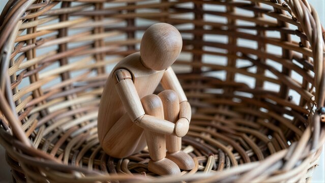 Wooden figure sits dejectedly in a woven basket, symbolizing isolation or sadness.