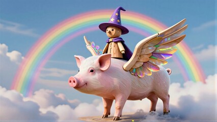 Fototapeta premium Winged pig carries wizard through rainbow sky above fluffy clouds.