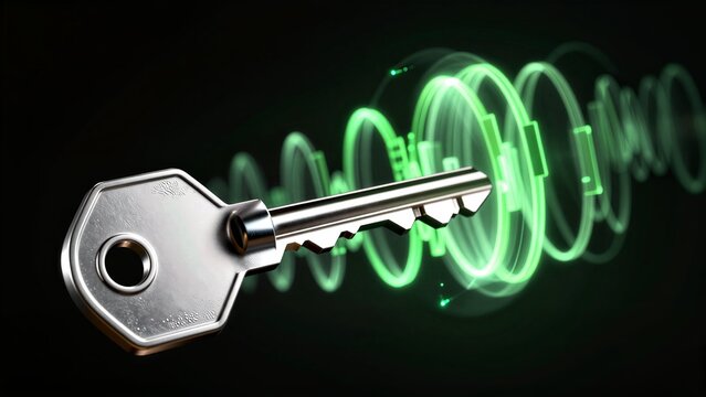 Metal key against glowing green soundwave, symbolizing unlocking digital security.