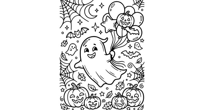 Whimsical Halloween Ghost with Balloons Coloring Book Cover Vector