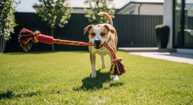 Happy Dog Enjoys Playing With Rope Toy In Lush Green Backyard