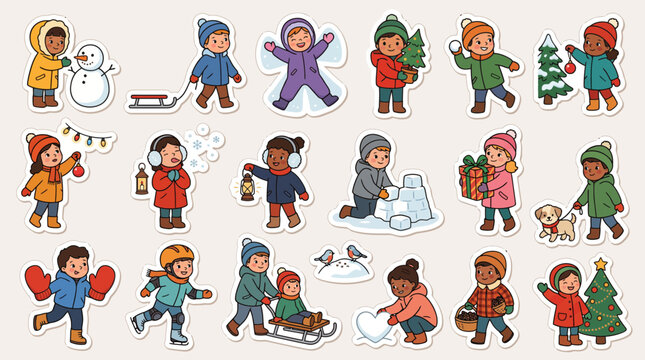 Set of cute diverse children playing in the snow during winter holidays.