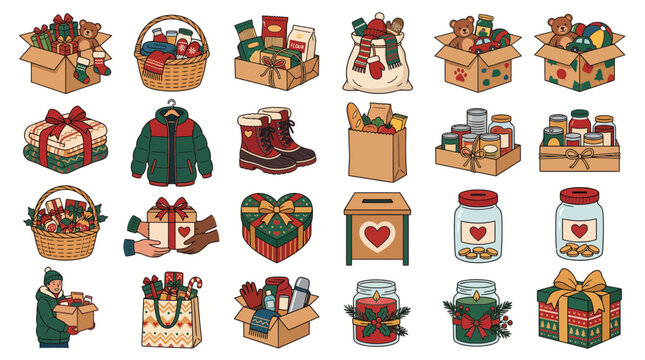 Set of Christmas charity donation icons with gift boxes food baskets and winter clothing items.