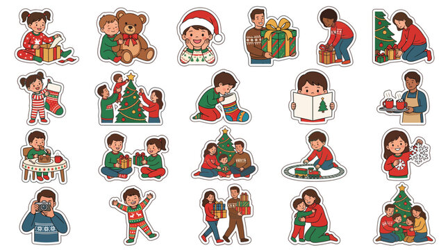 Set of cute hand drawn Christmas stickers with families and children celebrating winter holidays.