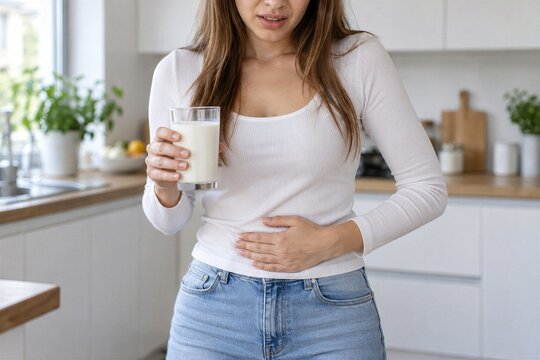 Young Woman Holding Glass of Milk and Touching Stomach in Modern Kitchen, Digestive Discomfort, Lactose Intolerance, Food Sensitivity and Dairy Nutrition Health Concept at Home Indoors