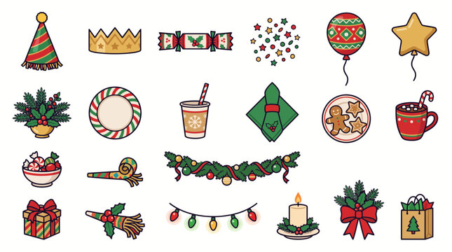 Set of colorful Christmas and holiday celebration icons and decorative design elements.
