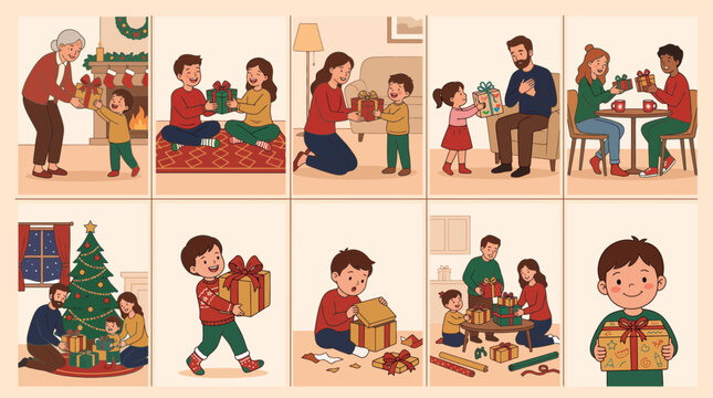 Set of illustrations showing happy families exchanging Christmas gifts and celebrating the winter holidays together.