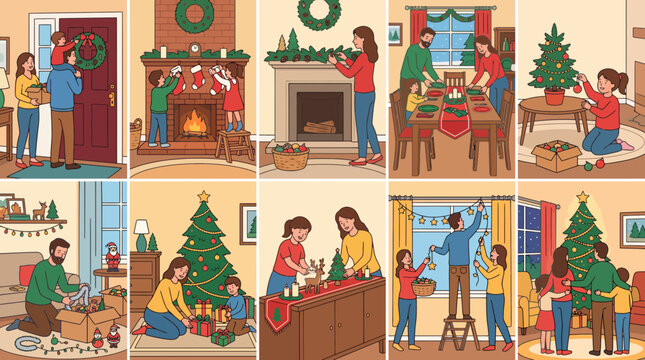 Set of illustrations showing a happy family preparing for Christmas holidays at home.