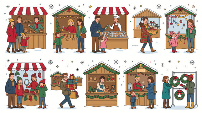 Set of cartoon illustrations showing people shopping at a festive outdoor Christmas market.