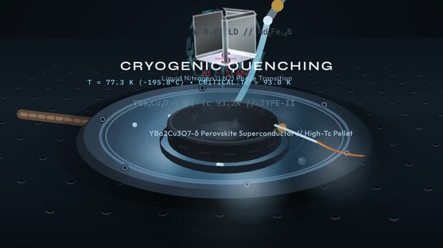 3D animation explaining the Meissner-Ochsenfeld effect featuring quantum levitation of a permanent magnet over a YBCO high-Tc superconductor cooled by liquid nitrogen with magnetic flux lines